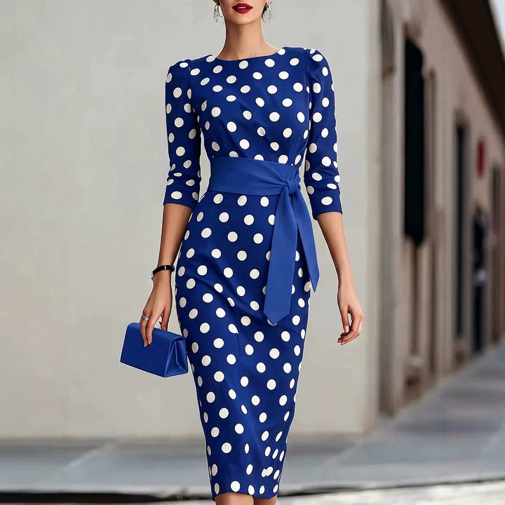 Polka Dot Midi Dress with Tie Waist and Three-Quarter Sleeves