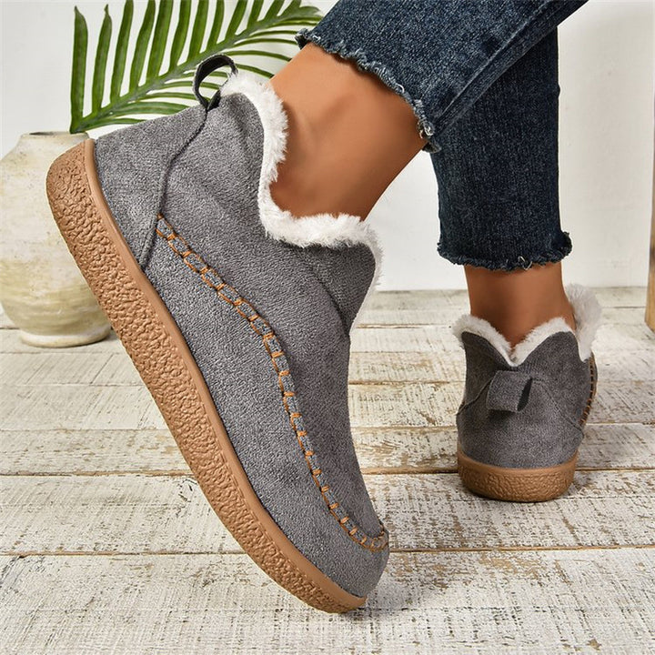 V-Cut Plush Ankle Boots for Women – Flat Suede-Look Snow Boots