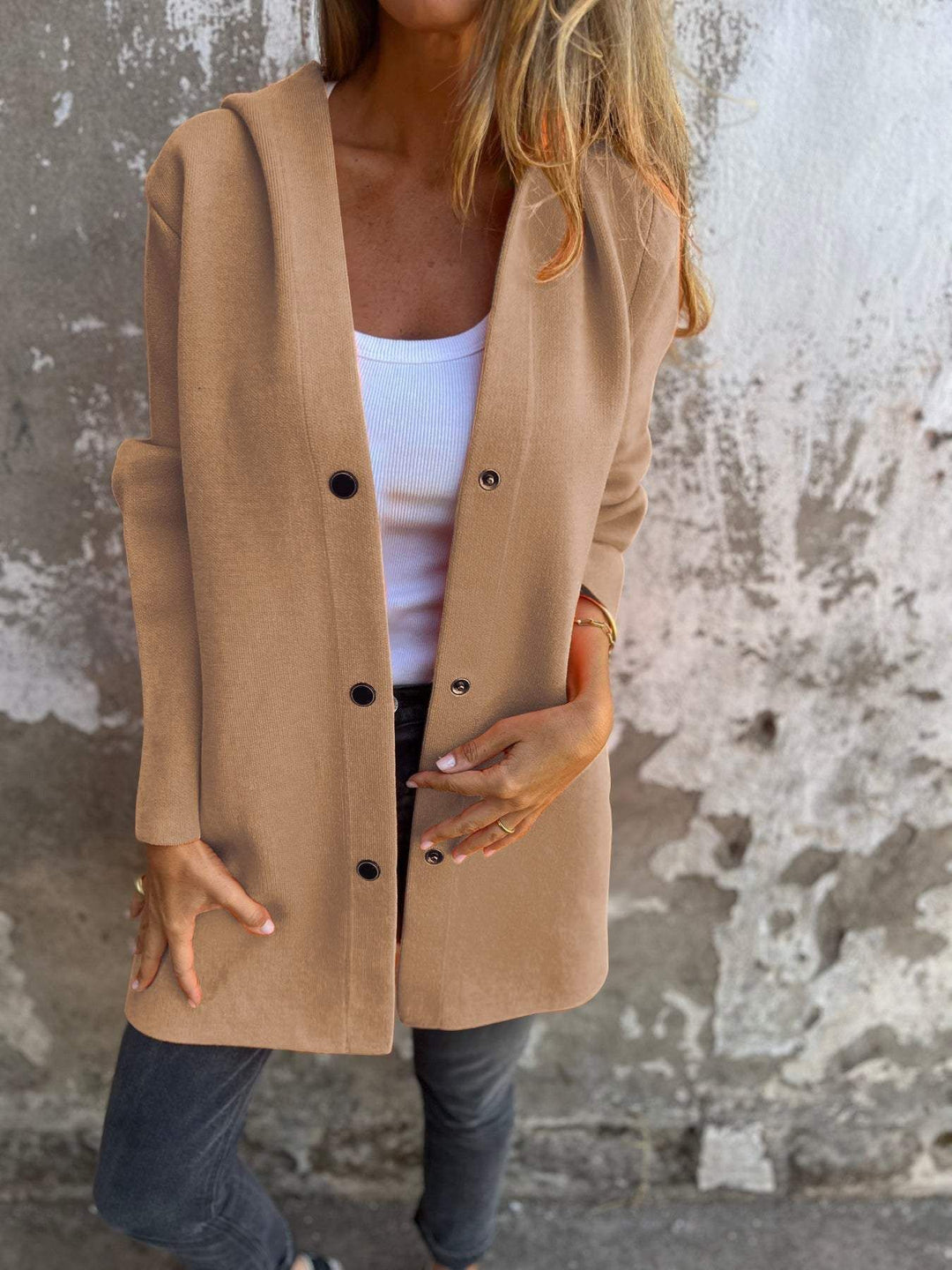 Hooded Button-Up Cardigan Jacket with Loose Fit