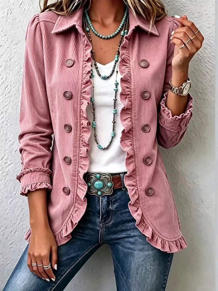 Ruffle Trim Knit Cardigan with Buttons and Slim Fit