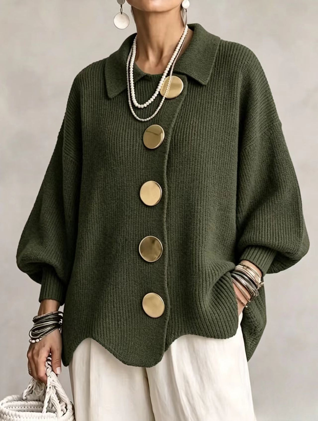 Lapel Button-Down Knit Cardigan with Relaxed Fit