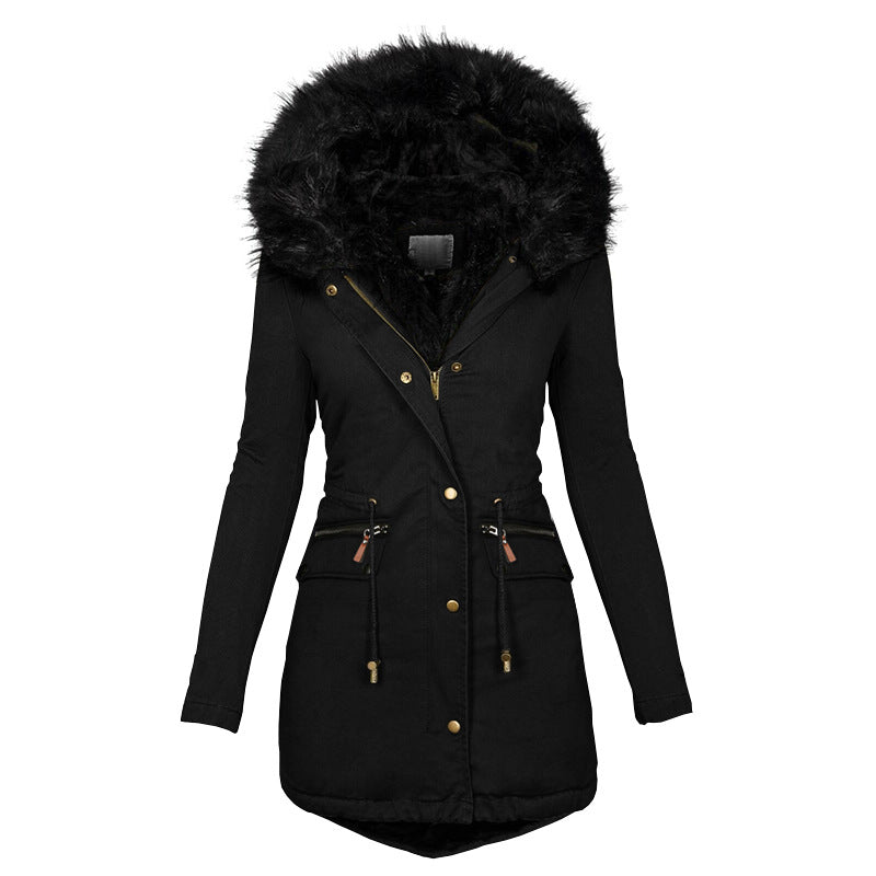 Hooded winter parka with plush lining, zip and buttoned pockets