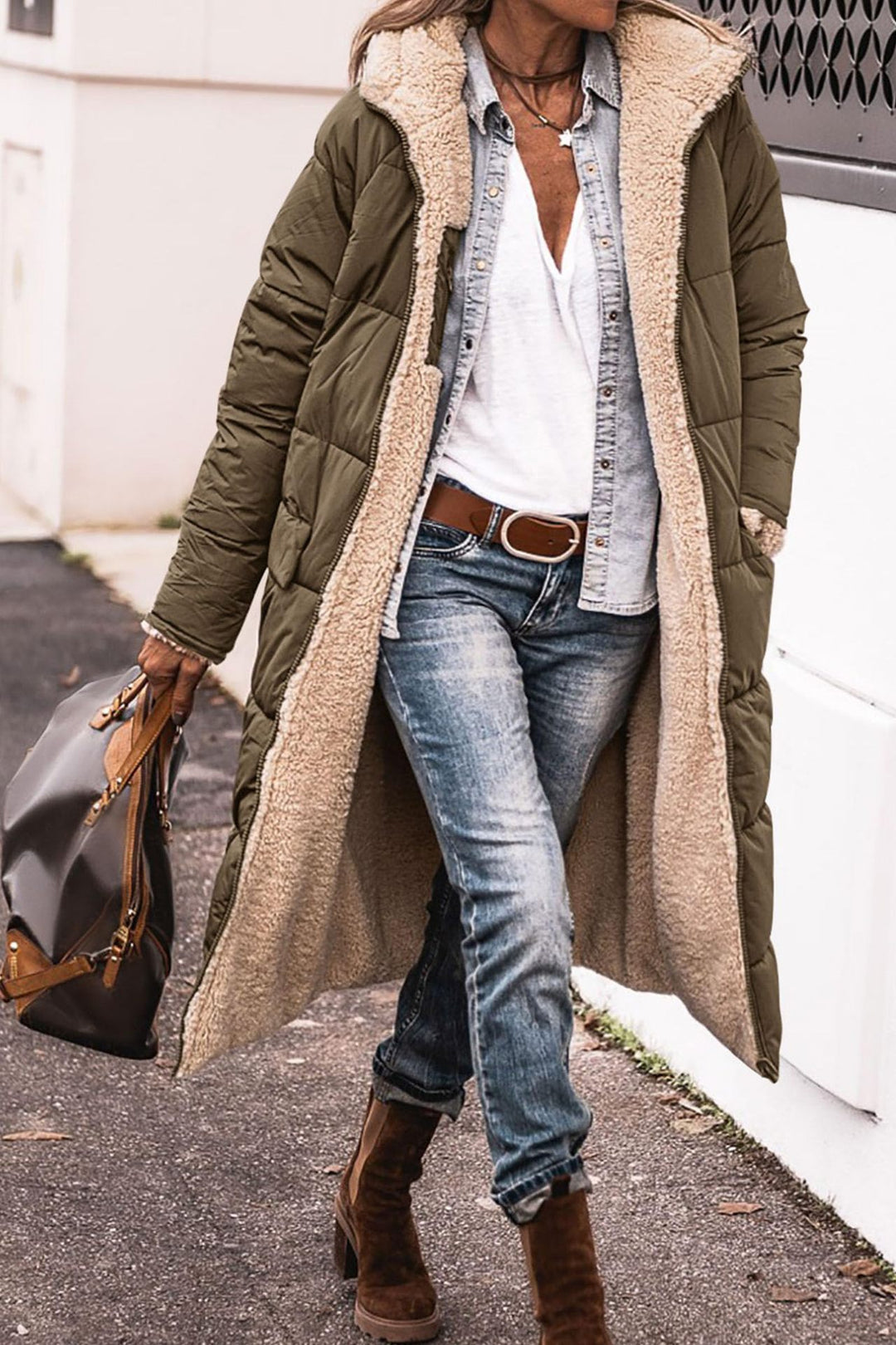 Reversible hooded long coat with pockets and raglan sleeves