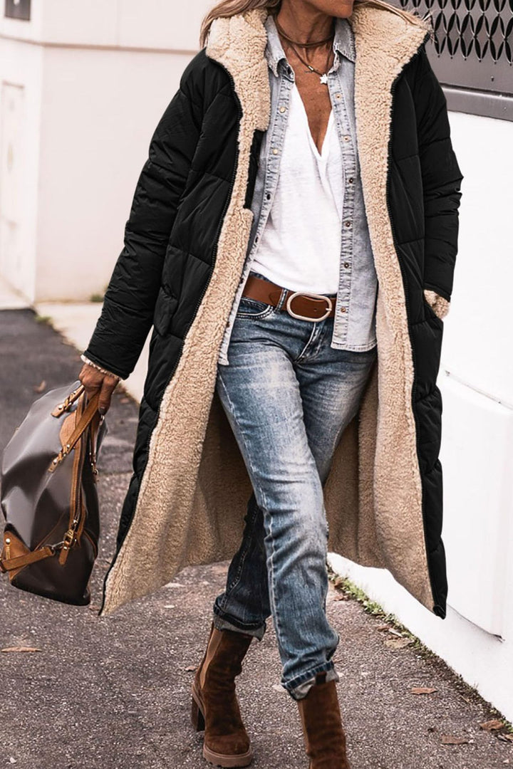 Reversible hooded long coat with pockets and raglan sleeves