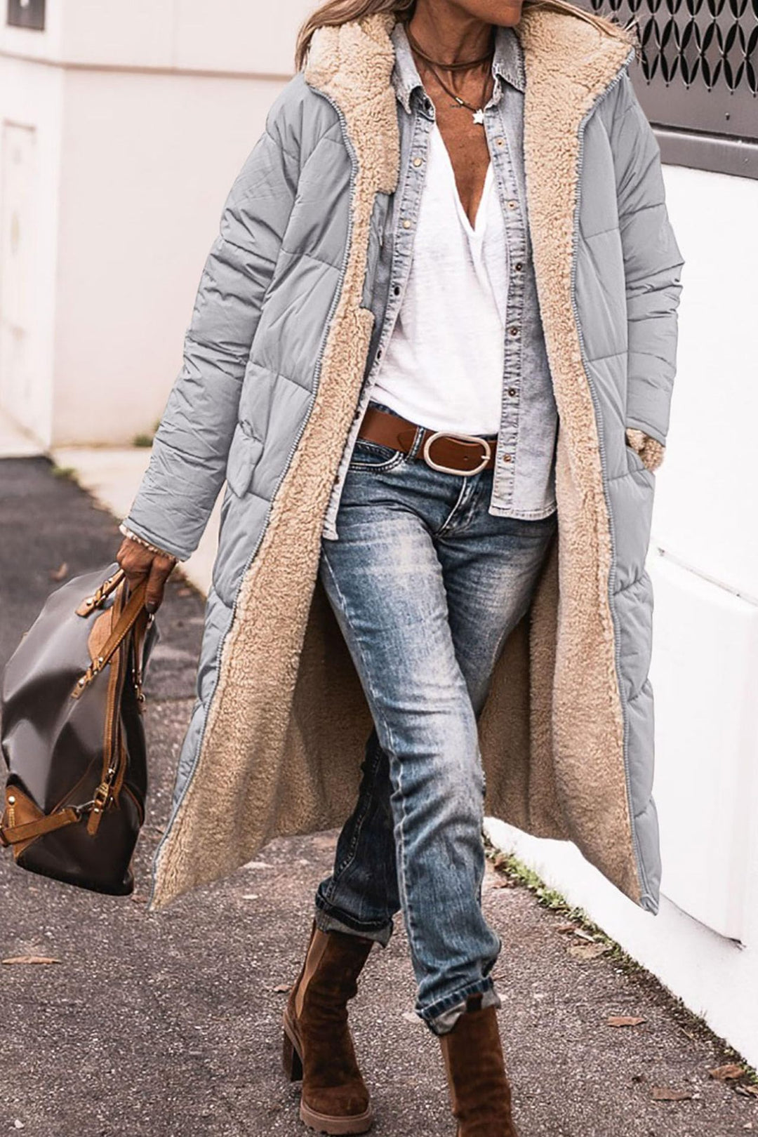 Reversible hooded long coat with pockets and raglan sleeves