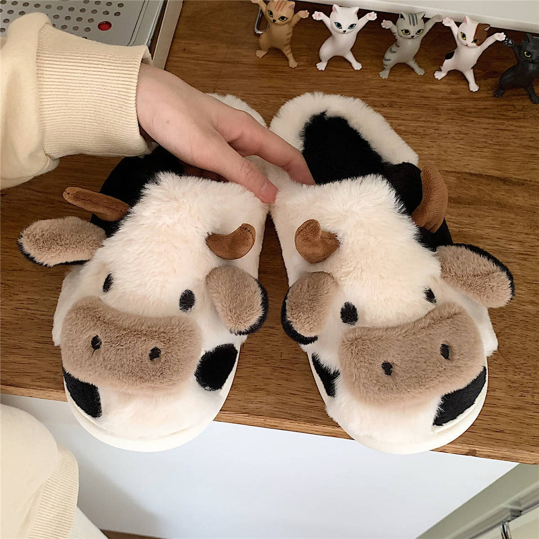 Fluffy Cow Slippers for Women with Non-Slip Sole