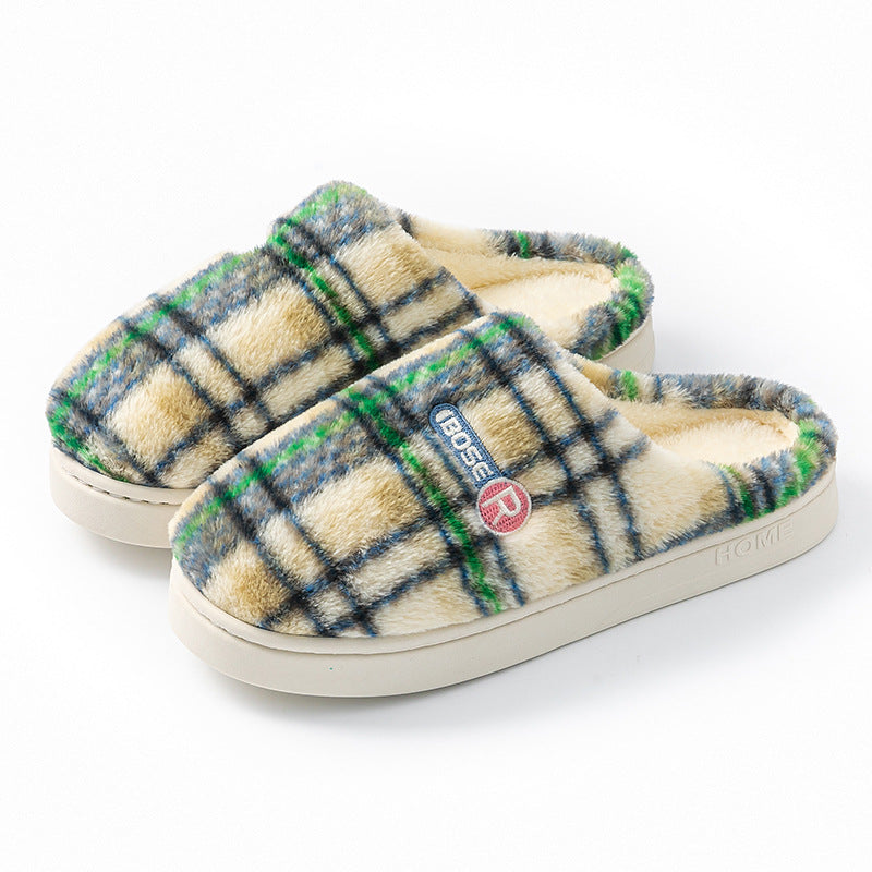 Plaid Plush House Slippers for Women – Warm, Non-Slip, Closed Toe