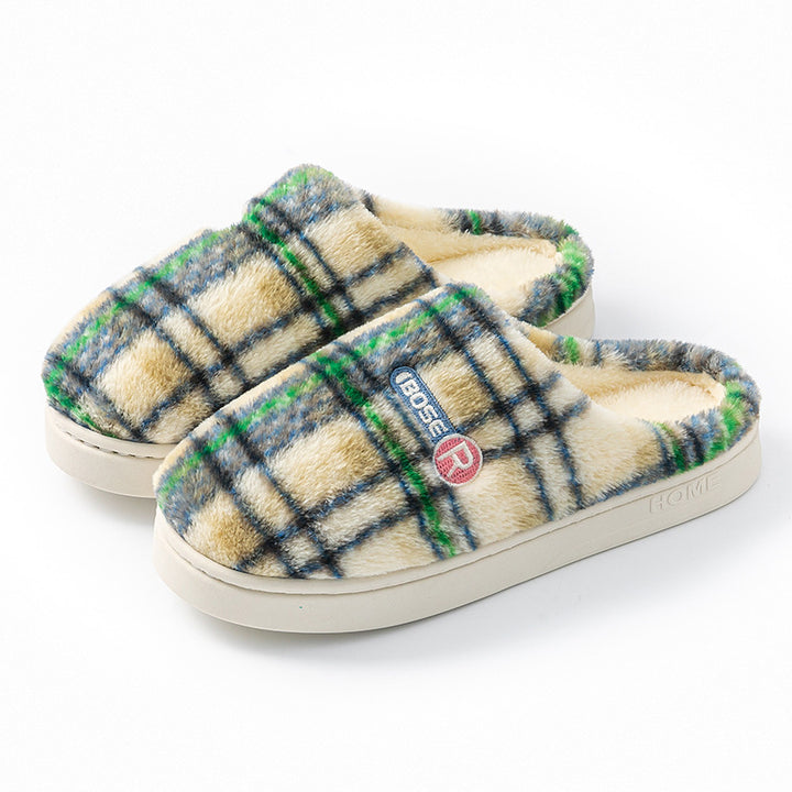 Plaid Plush House Slippers for Women – Warm, Non-Slip, Closed Toe