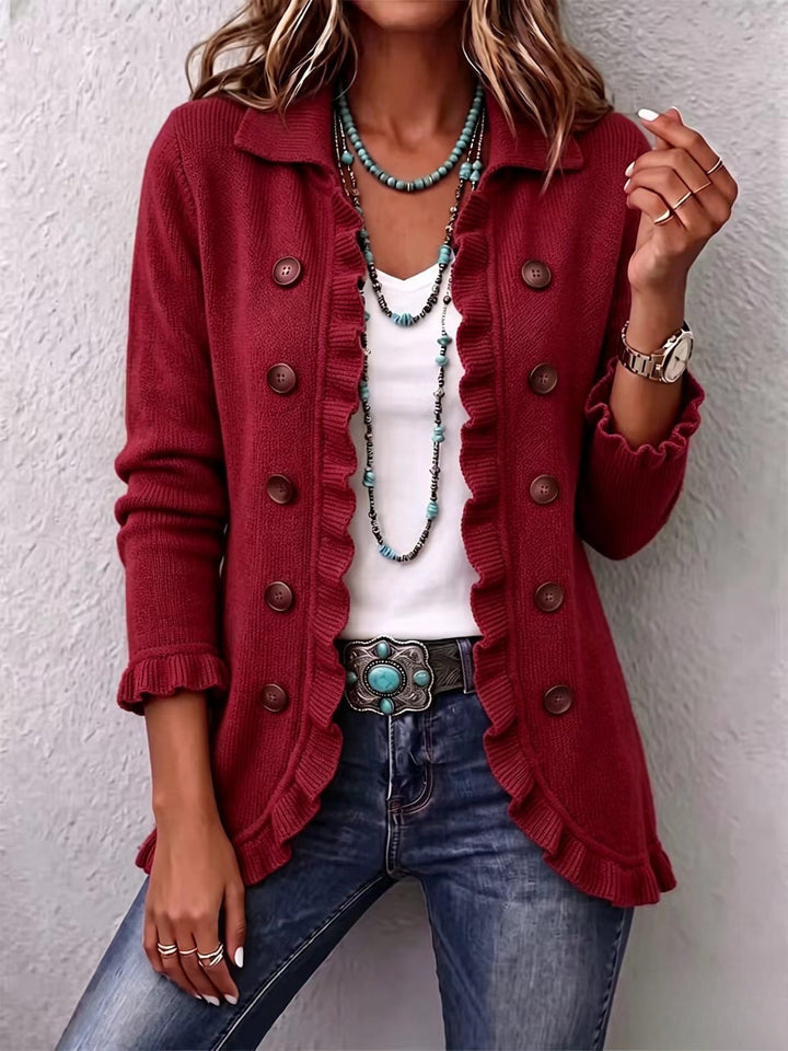 Ruffle Trim Knit Cardigan with Buttons and Slim Fit