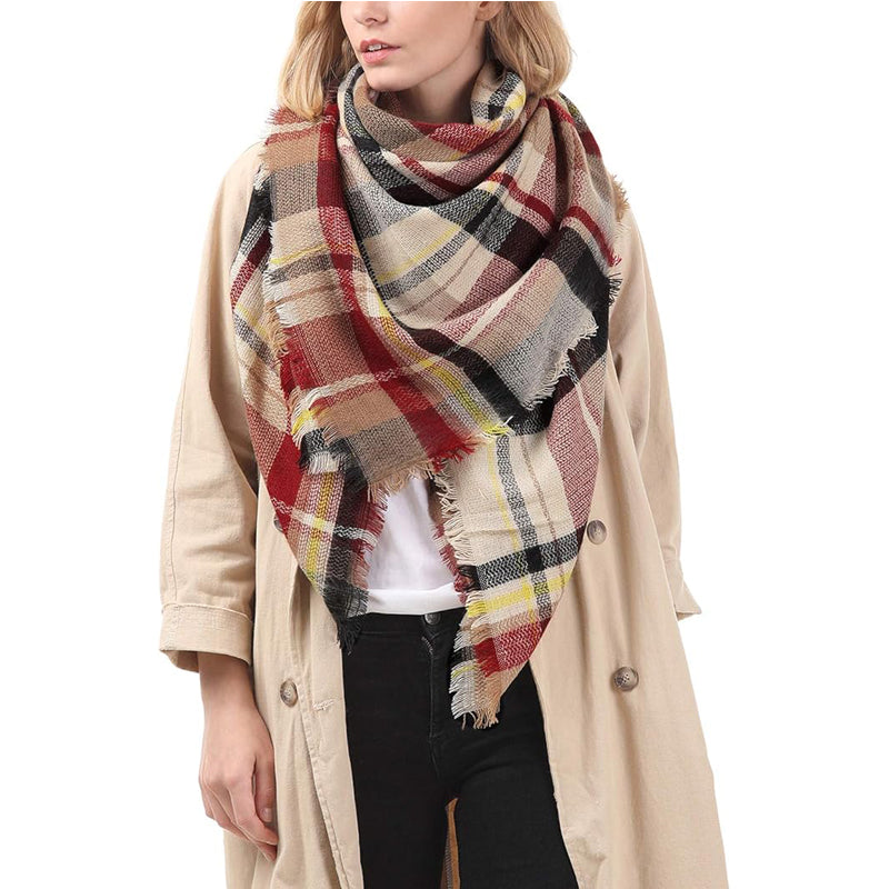 Red Plaid Blanket Scarf with Fringe, Oversized 59 x 59 Inches