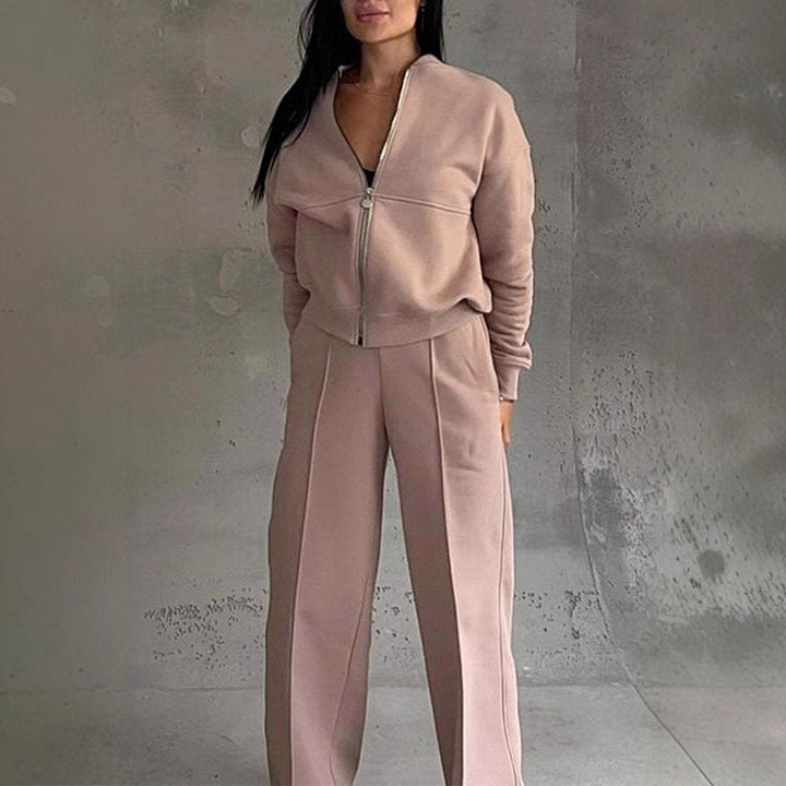 Woman in a zip jacket and wide-leg pants set