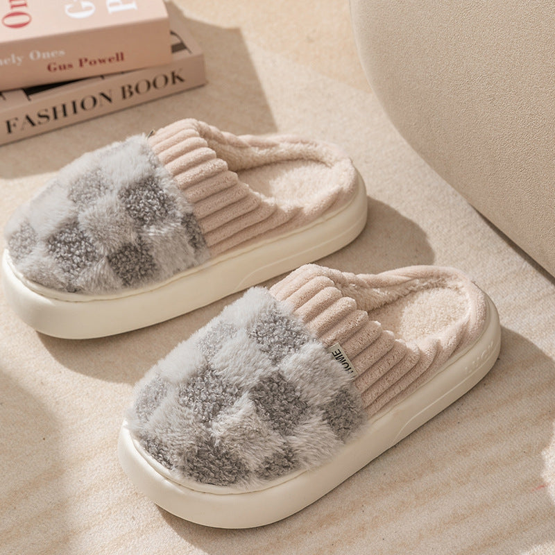 Plaid Plush Slippers for Women with Thick Non-Slip Sole