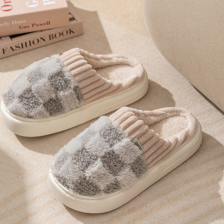 Plaid Plush Slippers for Women with Thick Non-Slip Sole