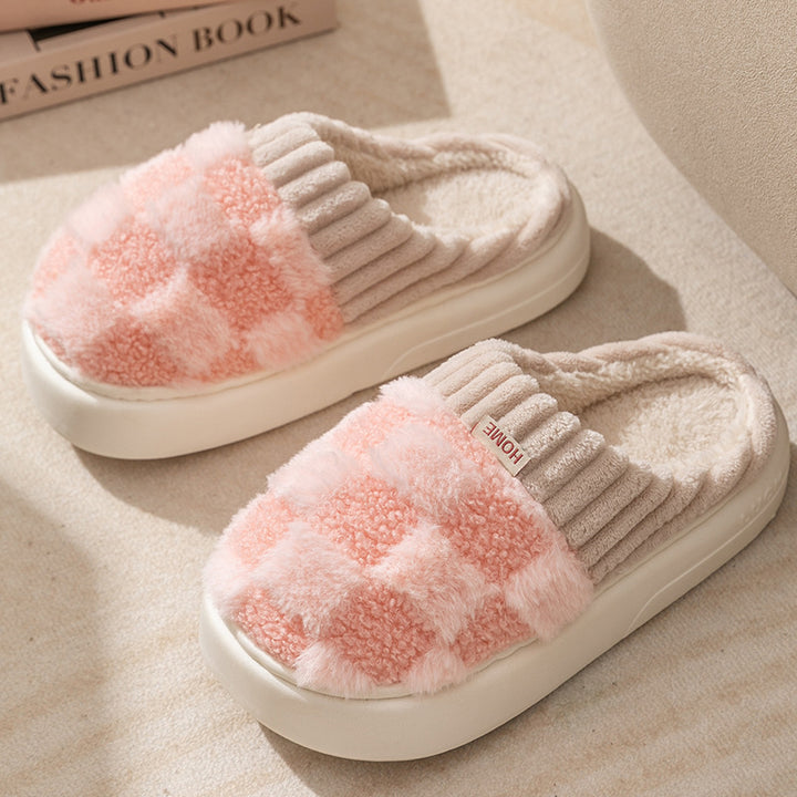 Plaid Plush Slippers for Women with Thick Non-Slip Sole