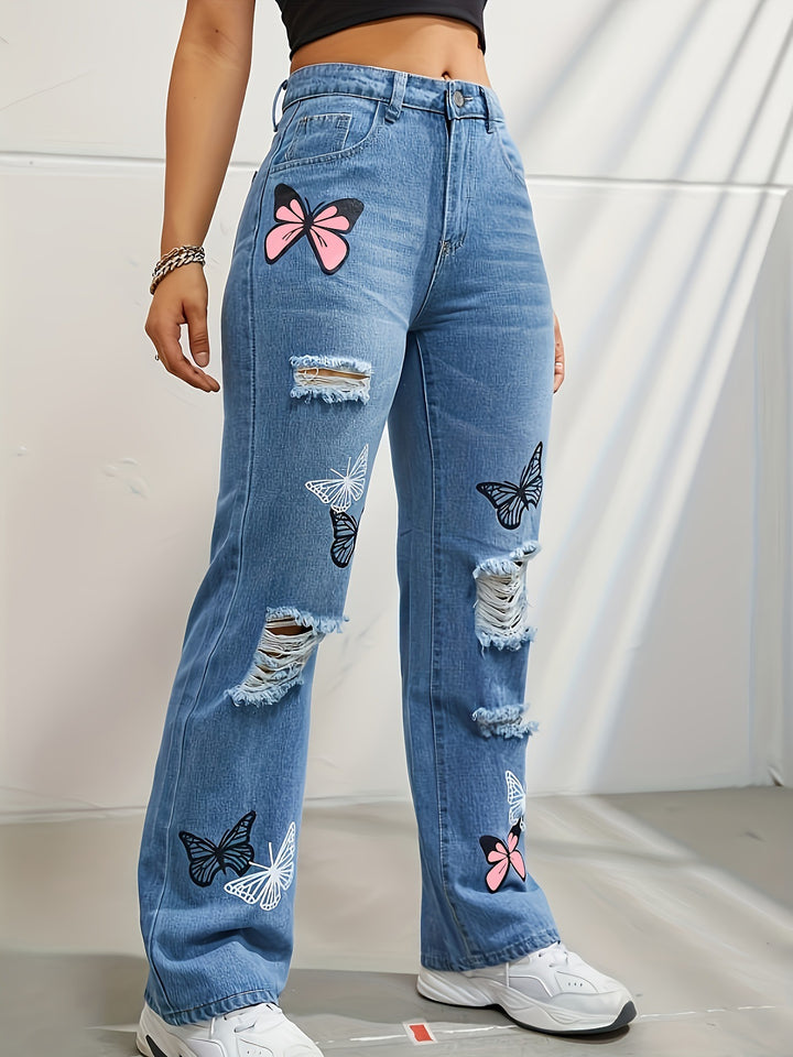 High waisted straight leg jeans with butterfly print and rips