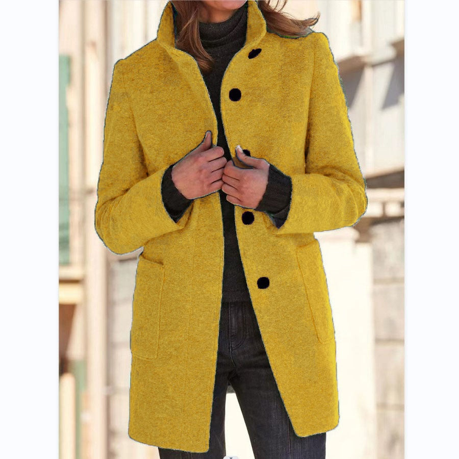 Woman in stand collar button coat