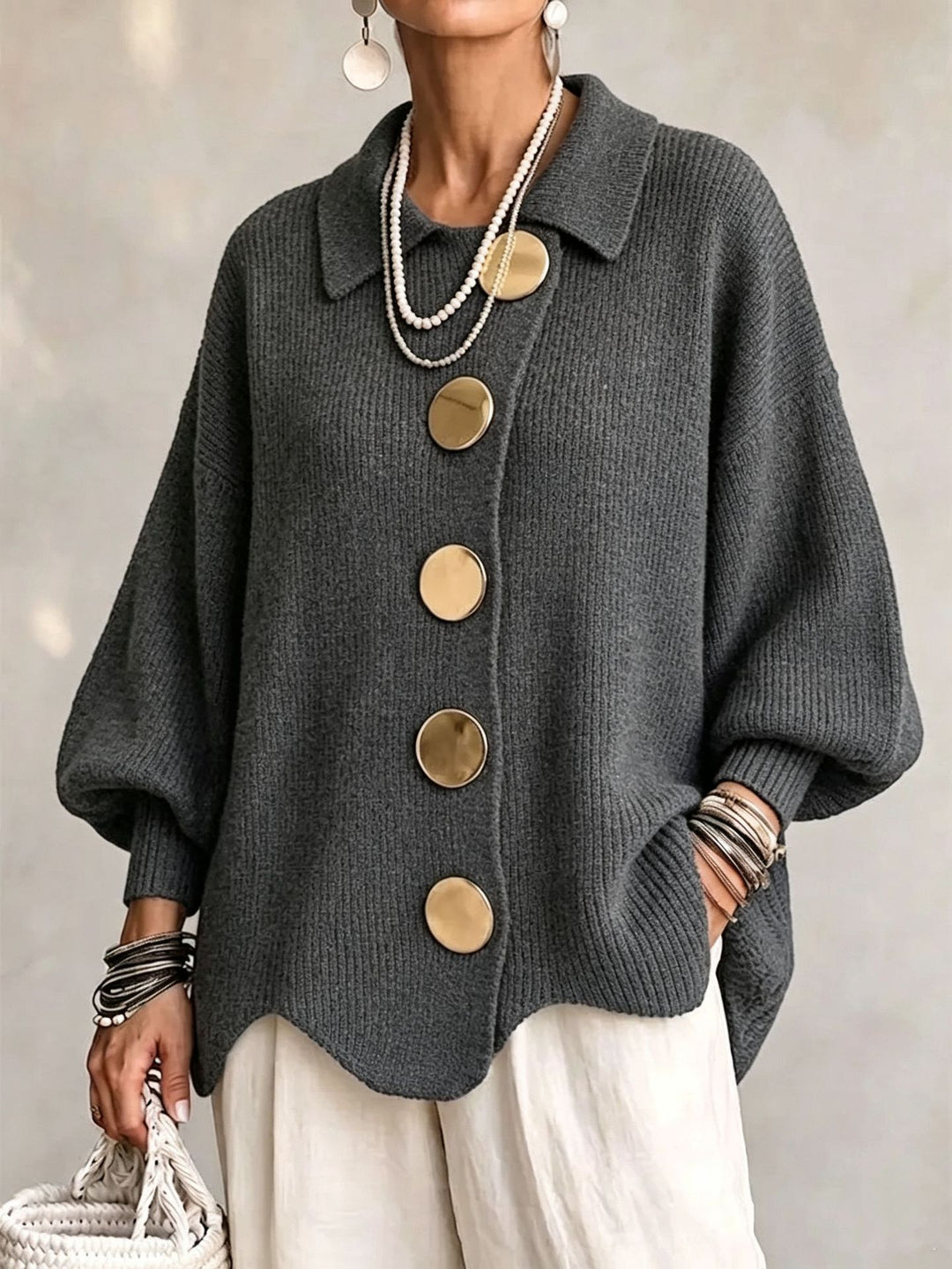Lapel Button-Down Knit Cardigan with Relaxed Fit