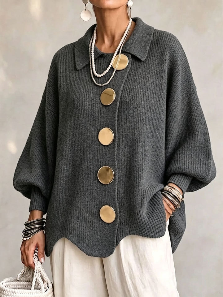 Lapel Button-Down Knit Cardigan with Relaxed Fit