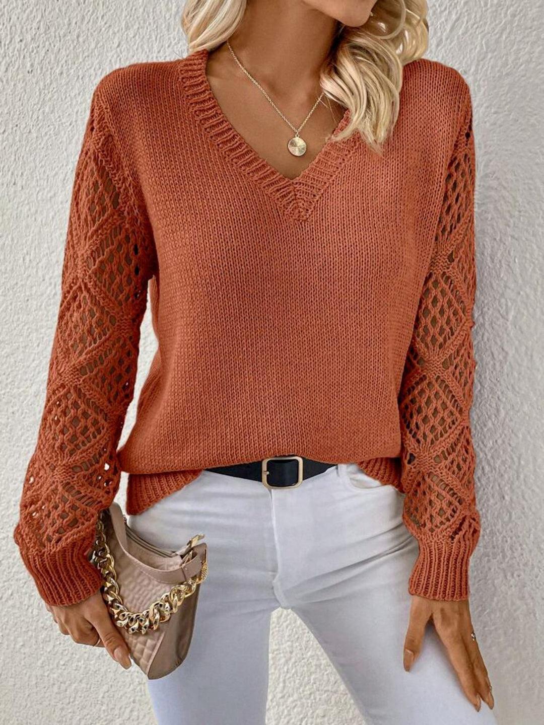 Lightweight V-Neck Sweater with Cutout Knit Detail