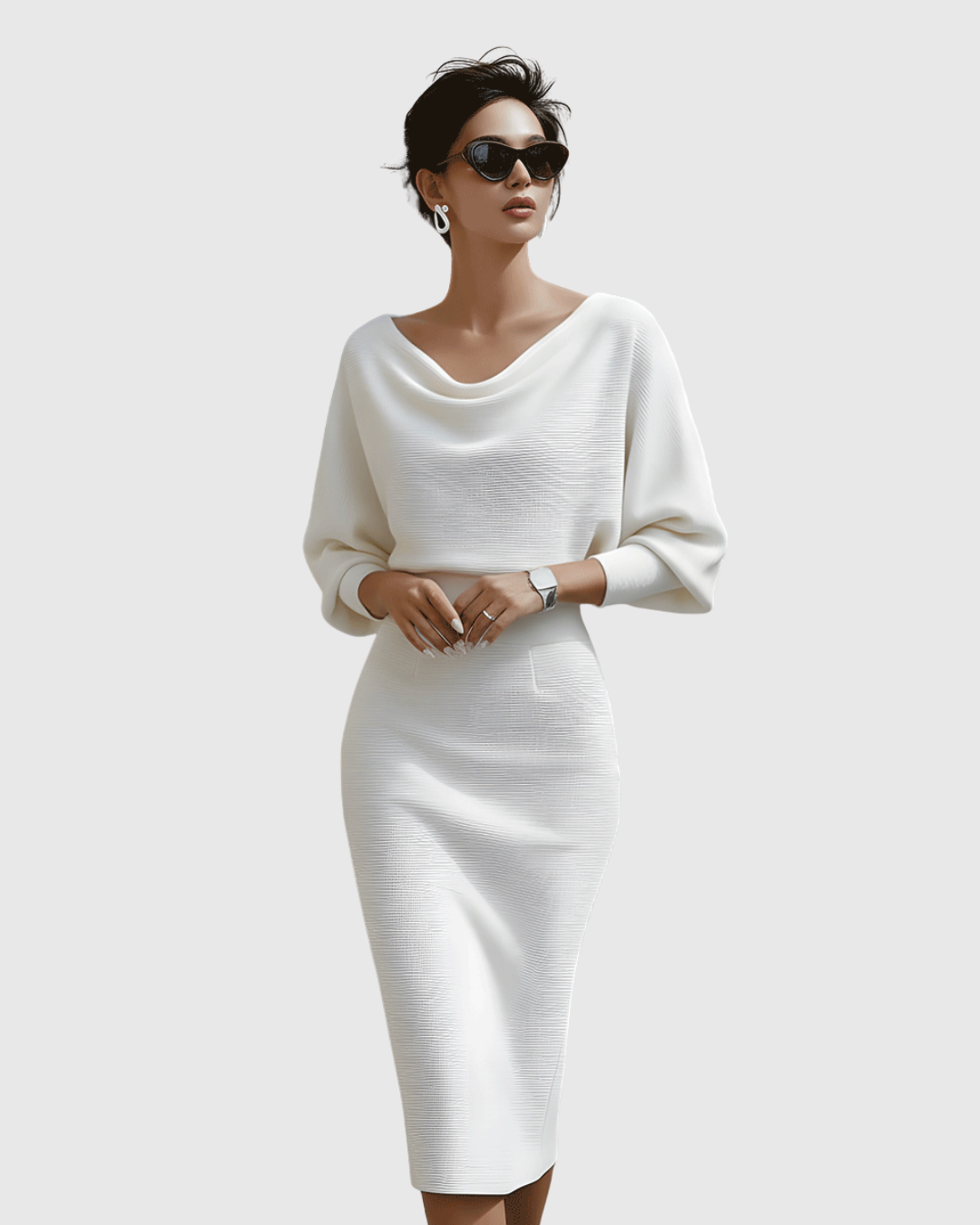 Ismeria | White Draped Batwing Midi Dress