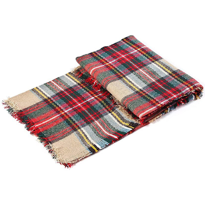 Brown Plaid Blanket Scarf with Fringe, Oversized 59 x 59 Inches