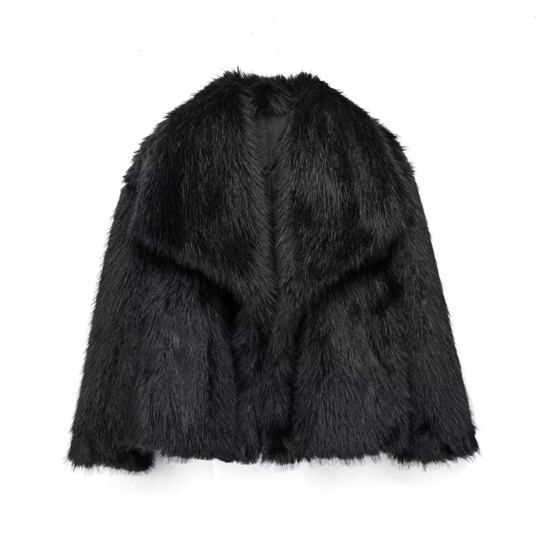 Fluffy faux fur jacket with a lapel collar and long sleeves
