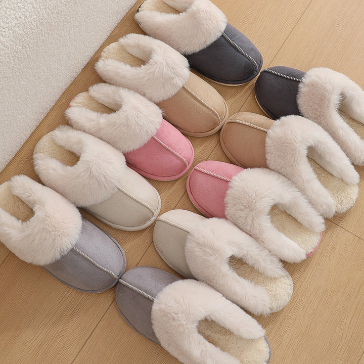 Fuzzy House Slippers with Faux Wool Insole and Non-Slip Sole