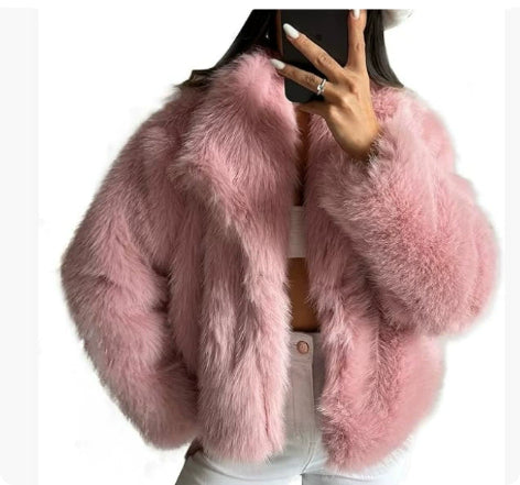 Fluffy faux fur jacket with a lapel collar and long sleeves