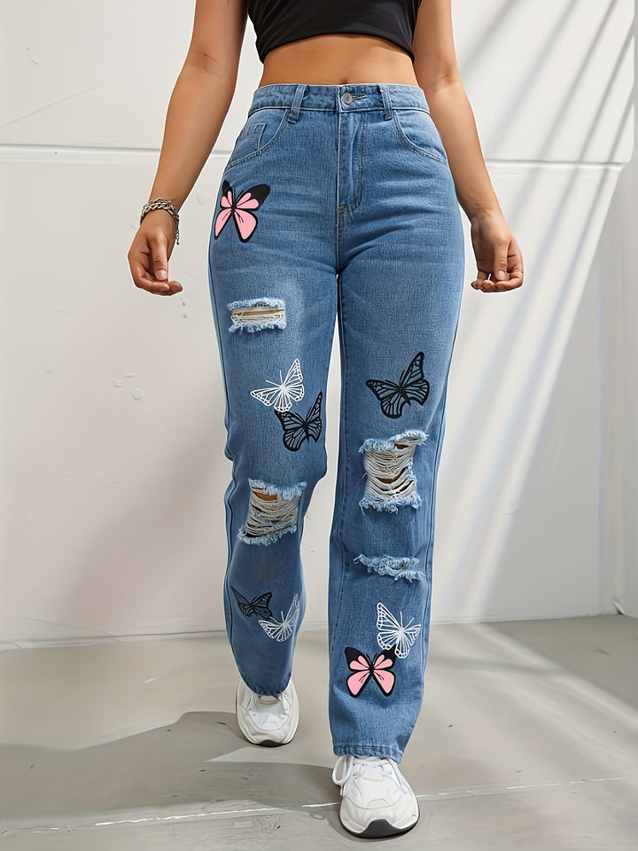 High waisted straight leg jeans with butterfly print and rips