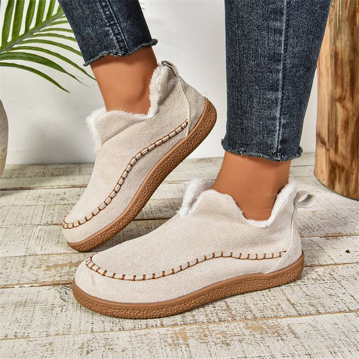 V-Cut Plush Ankle Boots for Women – Flat Suede-Look Snow Boots