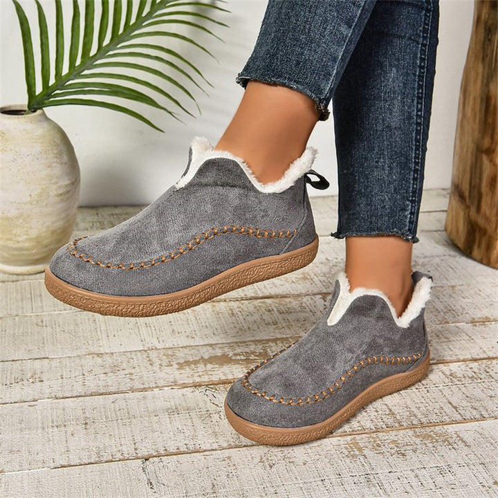 V-Cut Plush Ankle Boots for Women – Flat Suede-Look Snow Boots