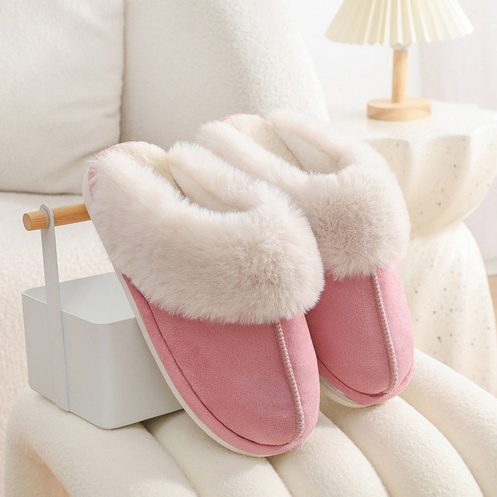 Fuzzy House Slippers with Faux Wool Insole and Non-Slip Sole