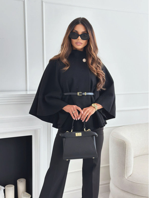 Batwing cape coat with a stand collar and tie belt