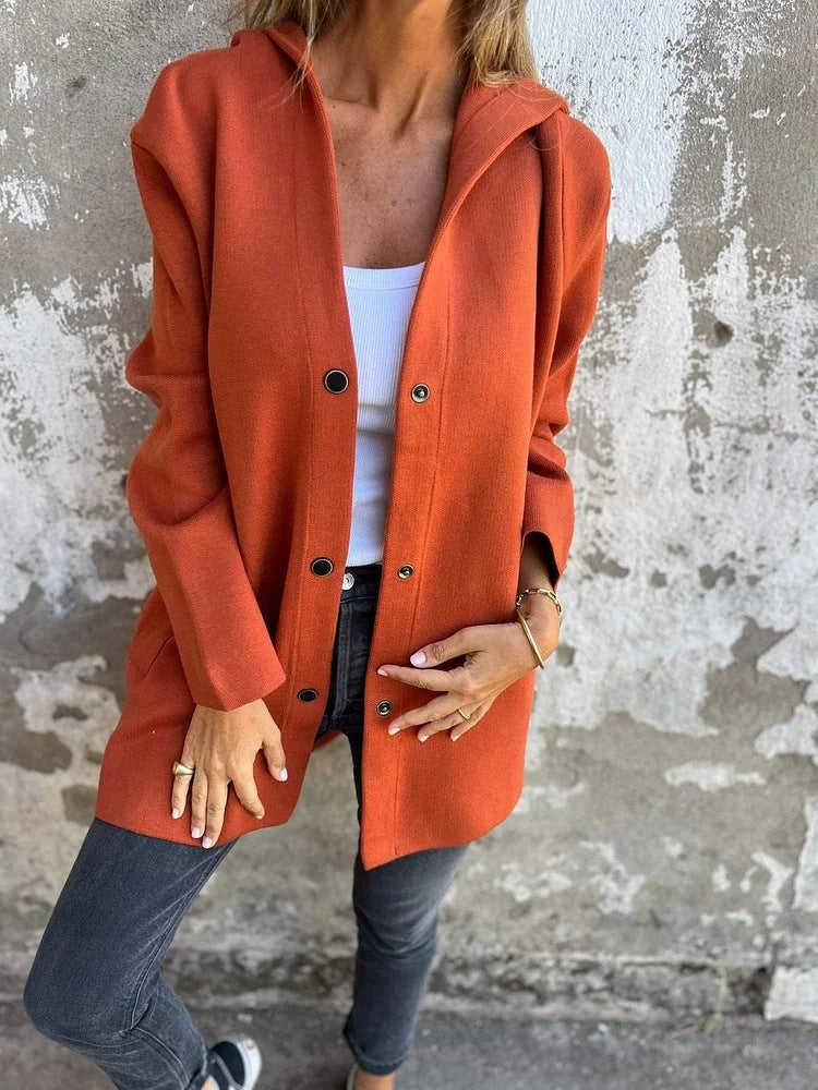 Hooded Button-Up Cardigan Jacket with Loose Fit