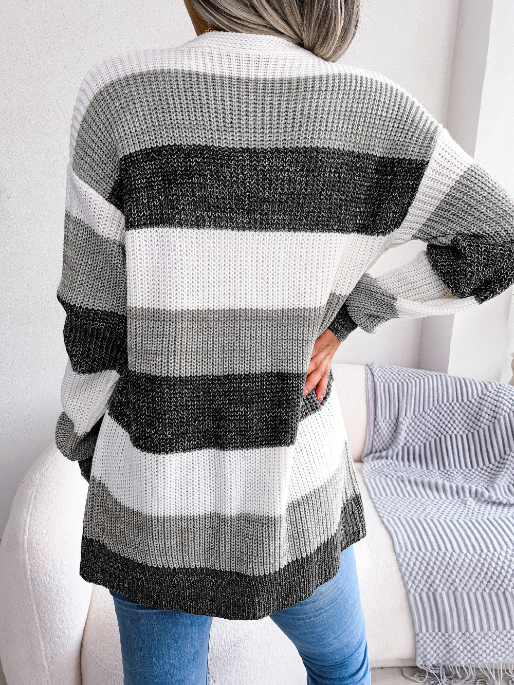 Knit Cardigan with Lantern Sleeves in Soft Acrylic
