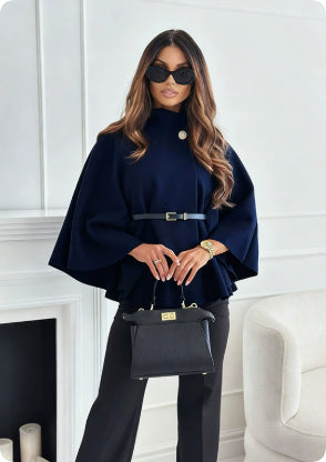 Batwing cape coat with a stand collar and tie belt