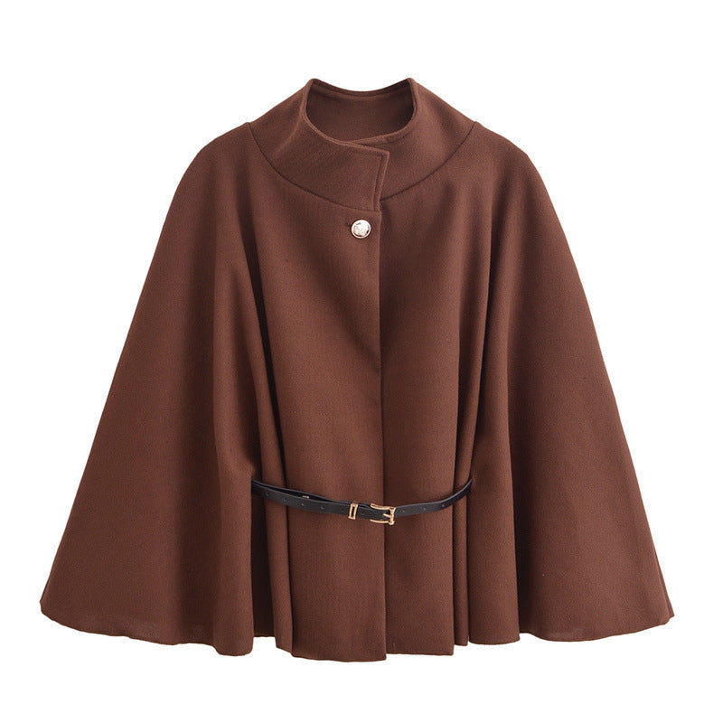 Batwing cape coat with a stand collar and tie belt