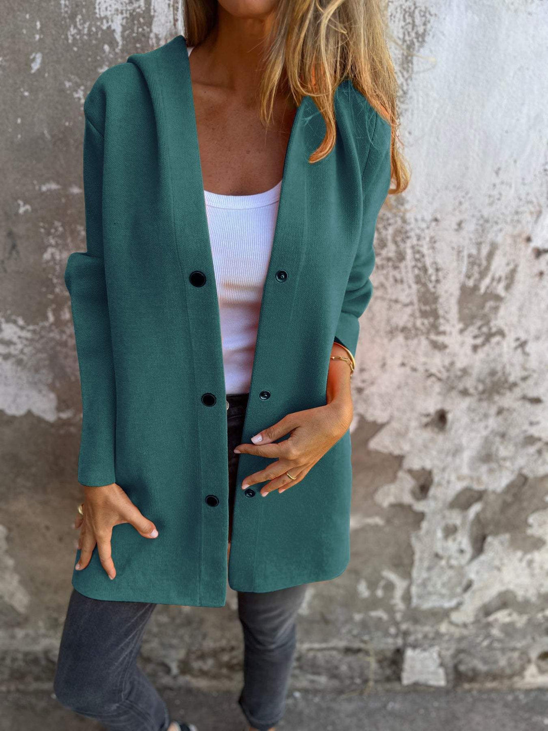 Hooded Button-Up Cardigan Jacket with Loose Fit
