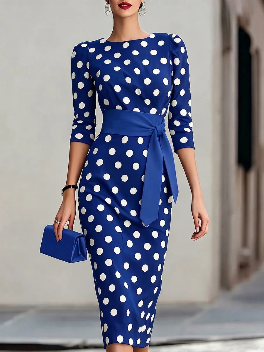 Polka Dot Midi Dress with Tie Waist and Three-Quarter Sleeves
