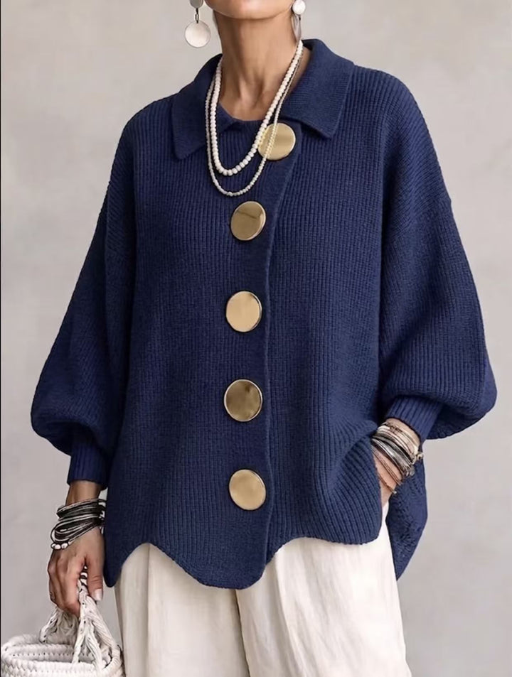 Lapel Button-Down Knit Cardigan with Relaxed Fit