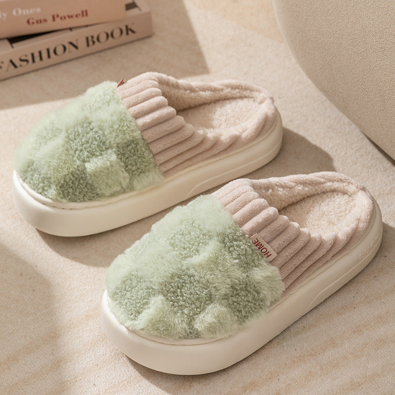 Plaid Plush Slippers for Women with Thick Non-Slip Sole