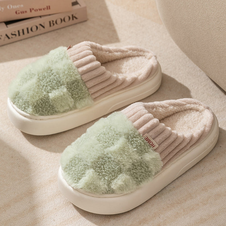 Plaid Plush Slippers for Women with Thick Non-Slip Sole