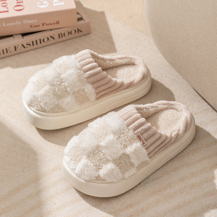 Plaid Plush Slippers for Women with Thick Non-Slip Sole
