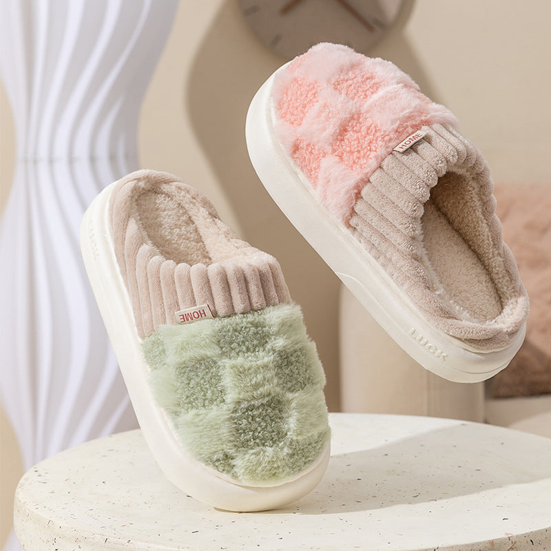 Plaid Plush Slippers for Women with Thick Non-Slip Sole