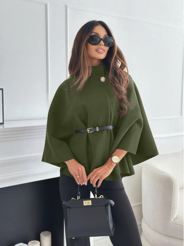 Batwing cape coat with a stand collar and tie belt