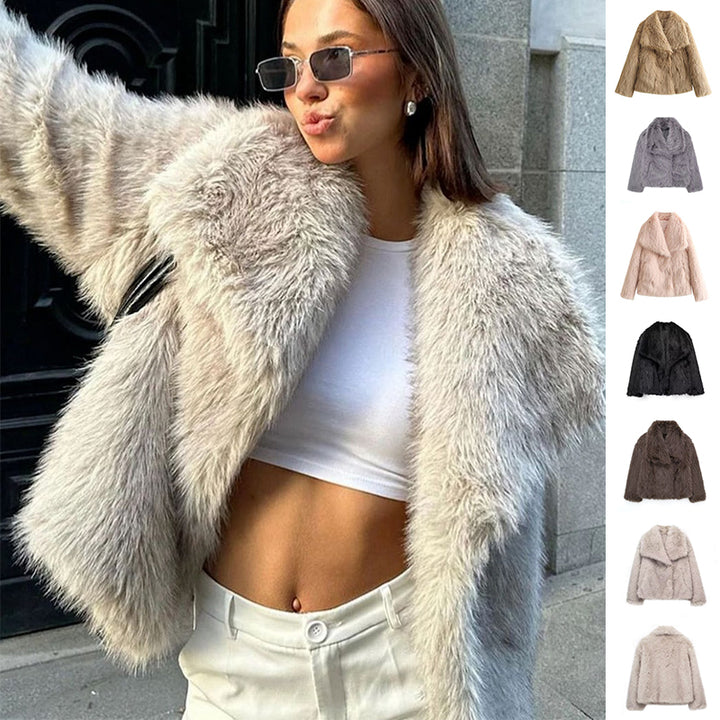 Fluffy faux fur jacket with a lapel collar and long sleeves
