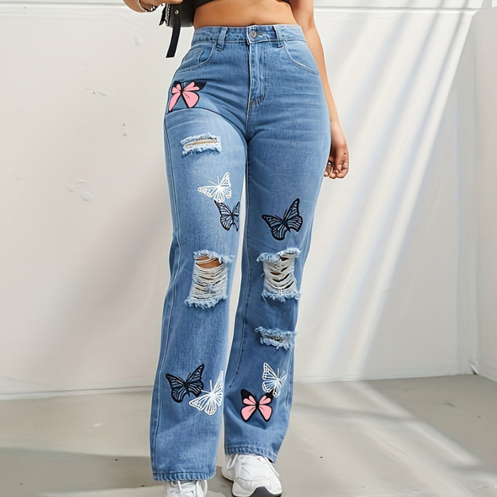 High waisted straight leg jeans with butterfly print and rips