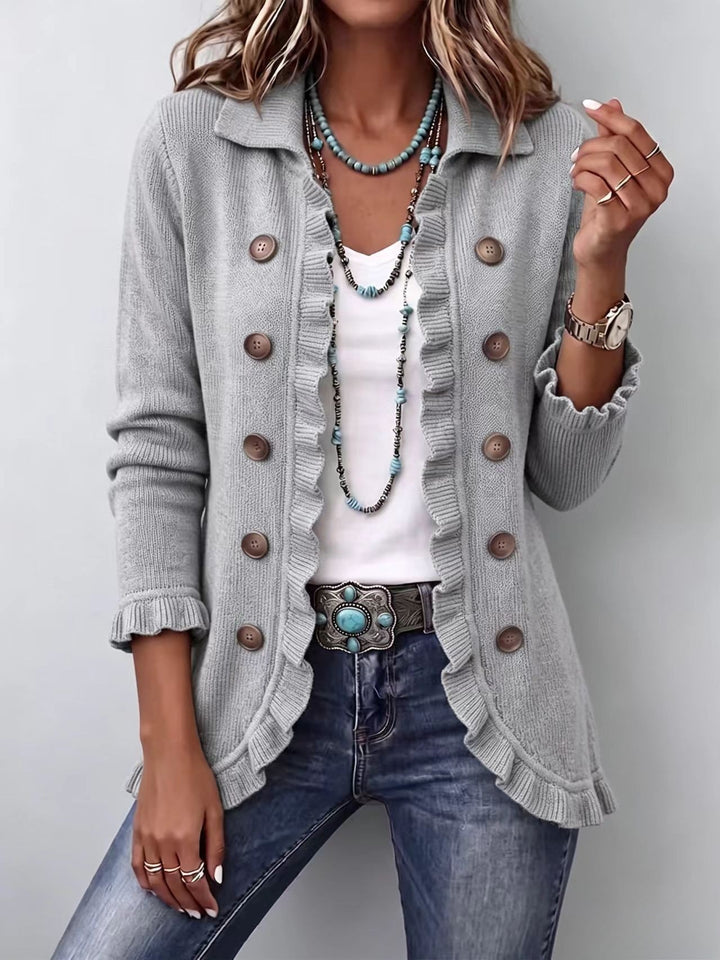 Ruffle Trim Knit Cardigan with Buttons and Slim Fit