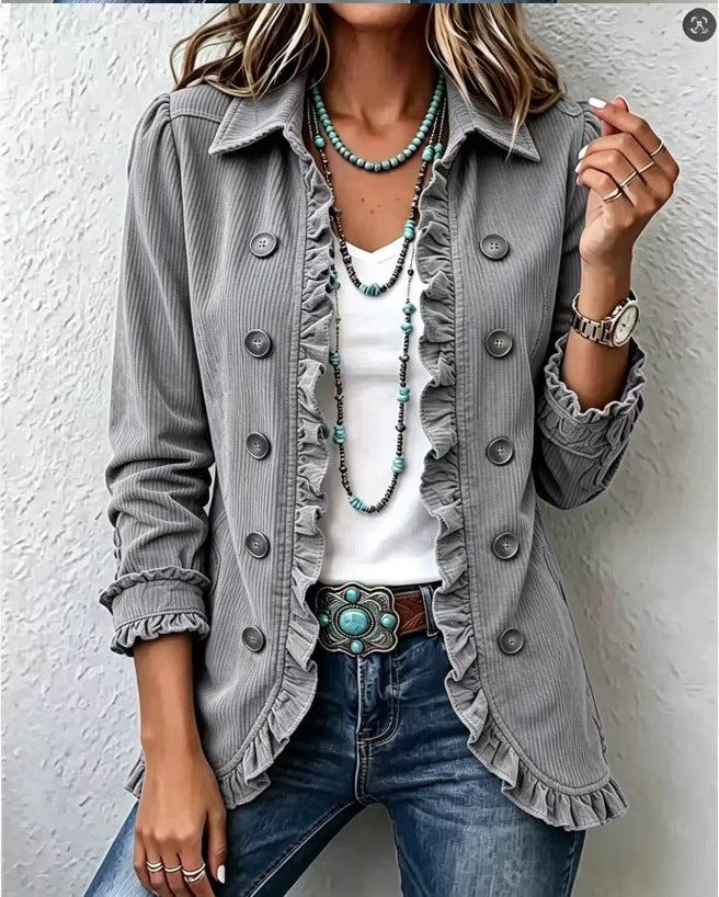 Ruffle Trim Knit Cardigan with Buttons and Slim Fit
