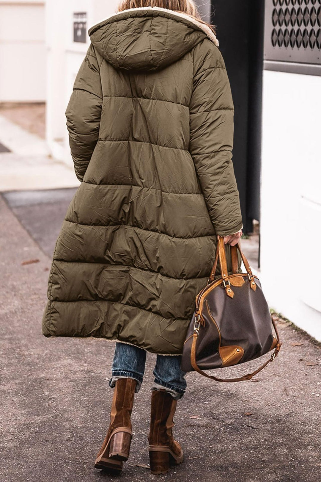 Reversible hooded long coat with pockets and raglan sleeves